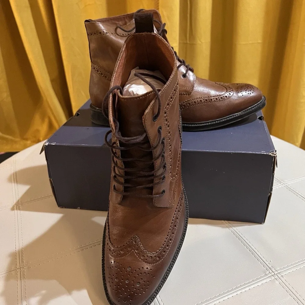Stafford Deacon Wingtip Boots Mens 11 Cognac Brown Leather Brogue Lace Up‎ Dress